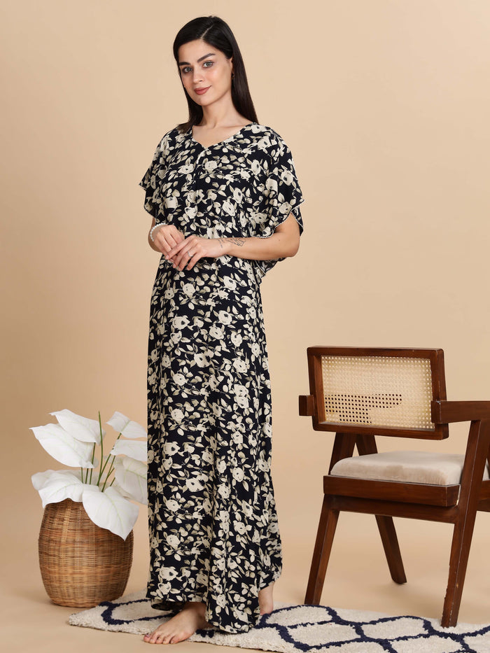 Luxurious Black Rayon Floral Nightgown for Women