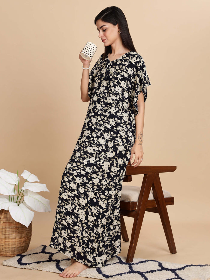 Luxurious Black Rayon Floral Nightgown for Women