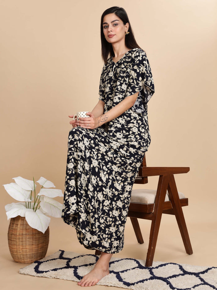 Luxurious Black Rayon Floral Nightgown for Women