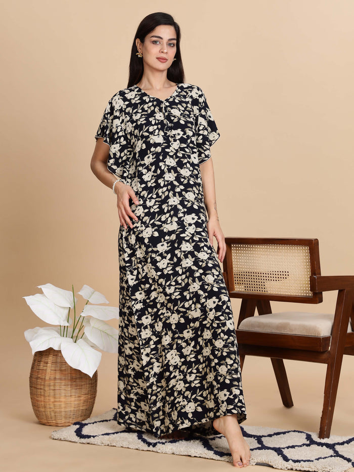 Luxurious Black Rayon Floral Nightgown for Women