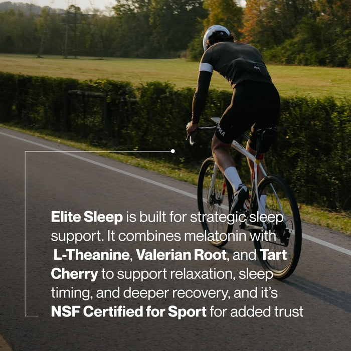 Cyclist riding a road bike outdoors with text overlay. Text reads: “Elite Sleep is built for strategic sleep support. It combines melatonin with L-Theanine, Valerian Root, and Tart Cherry to support relaxation, sleep timing, and deeper recovery, and it’s NSF Certified for Sport for added trust.”