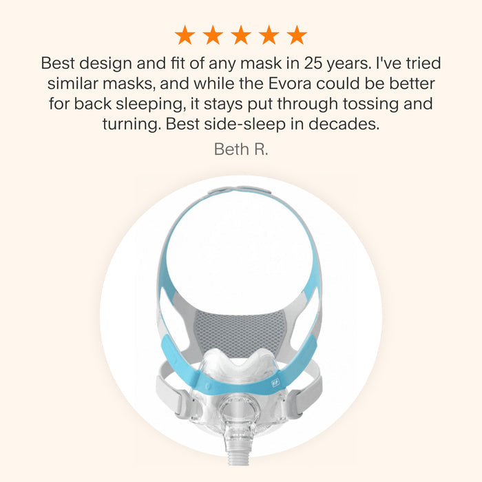 Testimonial praising Evora Full Face Mask's secure fit for side-sleepers and stability during movement.