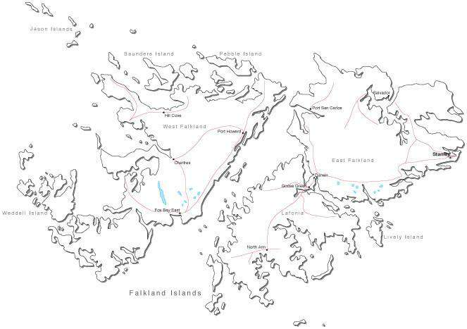 Falkland Islands Black & White Map with Capital, Major Cities, Roads, and Water Features