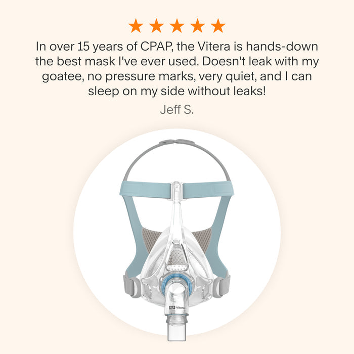 Testimonial highlighting Vitera mask’s leak-free seal with facial hair, comfort without pressure marks, quiet performance, and side-sleep compatibility.