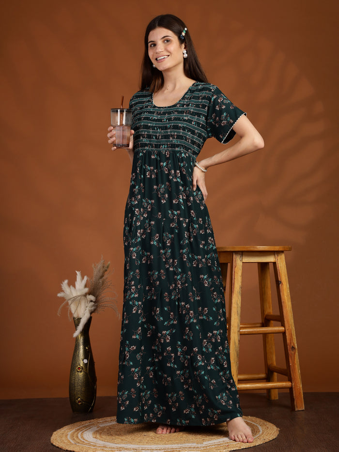 Dark Green Smokey Floral Alpine Nighty for Women with Pocket