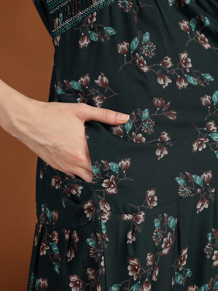 Dark Green Smokey Floral Alpine Nighty for Women with Pocket