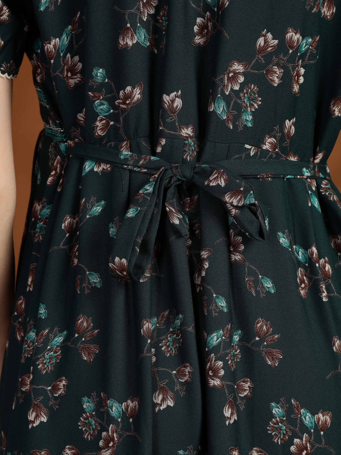 Dark Green Smokey Floral Alpine Nighty for Women with Pocket