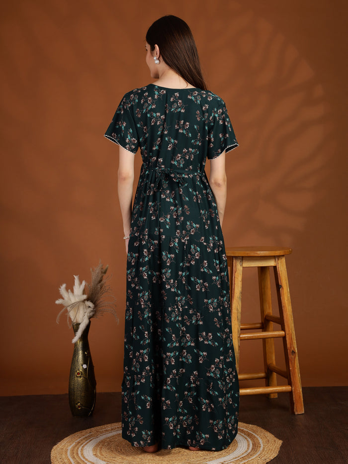 Dark Green Smokey Floral Alpine Nighty for Women with Pocket