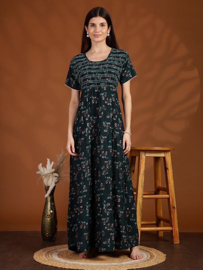 Dark Green Smokey Floral Alpine Nighty for Women with Pocket
