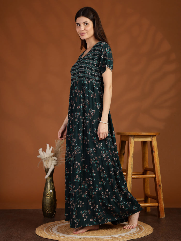 Dark Green Smokey Floral Alpine Nighty for Women with Pocket
