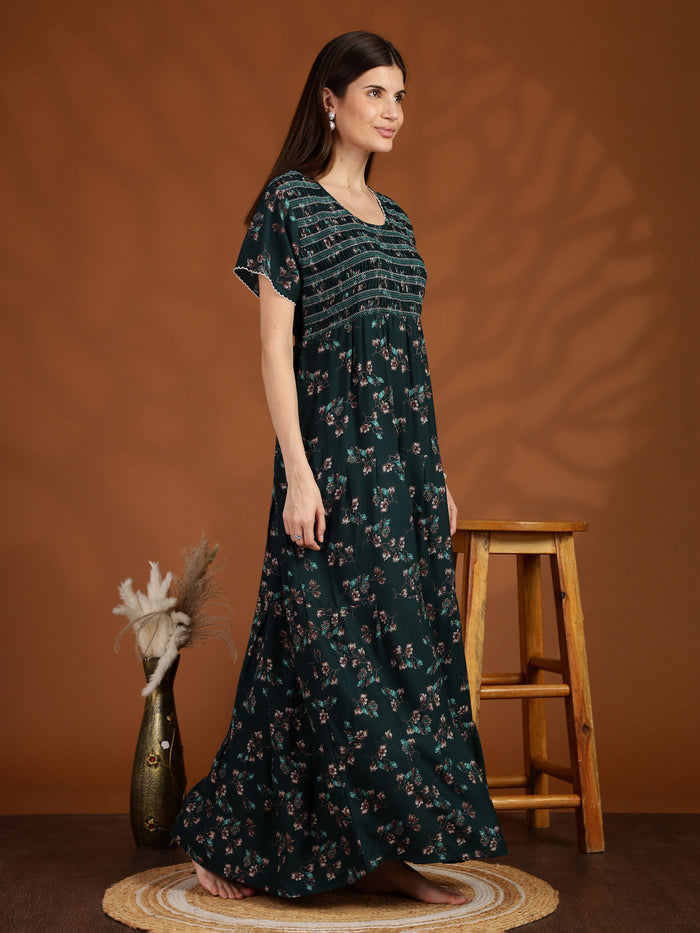 Dark Green Smokey Floral Alpine Nighty for Women with Pocket