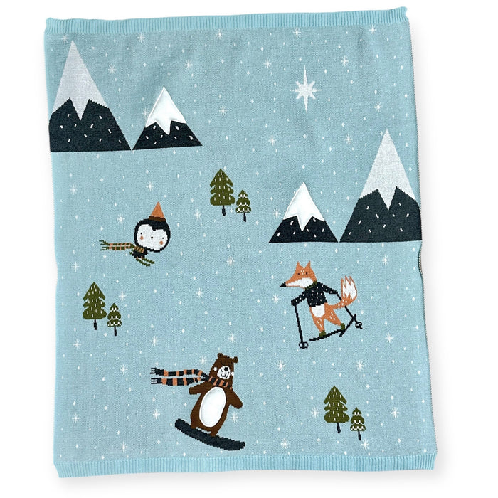 Fox & Bear Ski - 3D Jacquard Sweater Knit Baby Blanket (Organic Cotton)