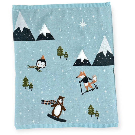 Fox & Bear Ski - 3D Jacquard Sweater Knit Baby Blanket (Organic Cotton)