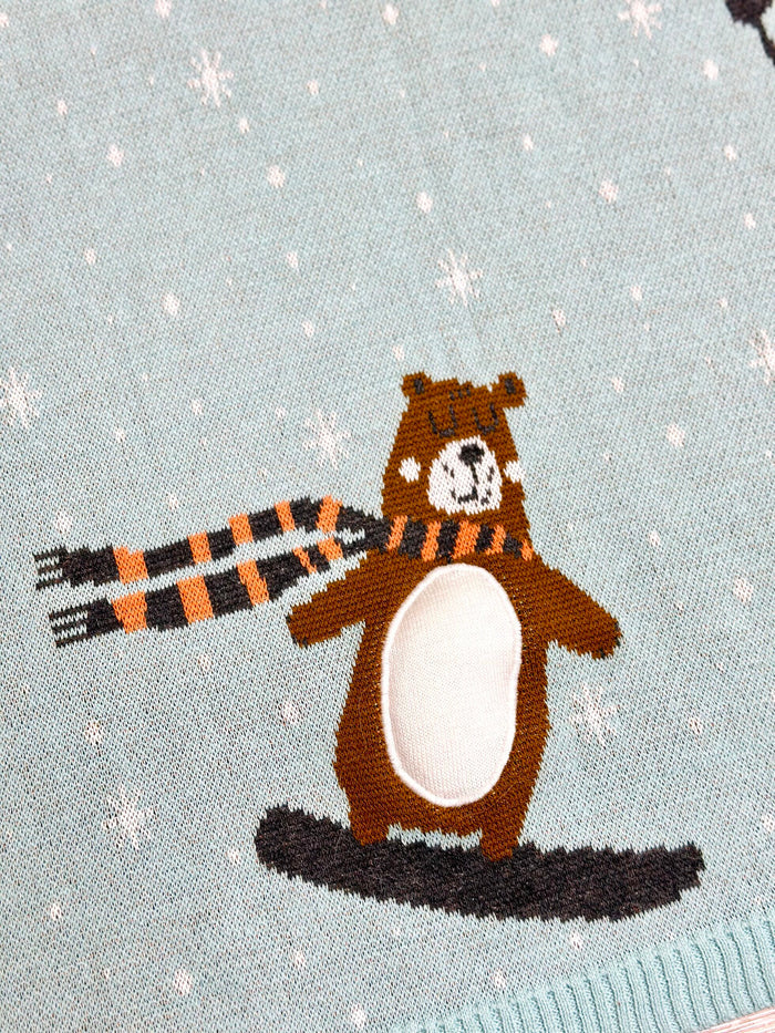 Fox & Bear Ski - 3D Jacquard Sweater Knit Baby Blanket (Organic Cotton)