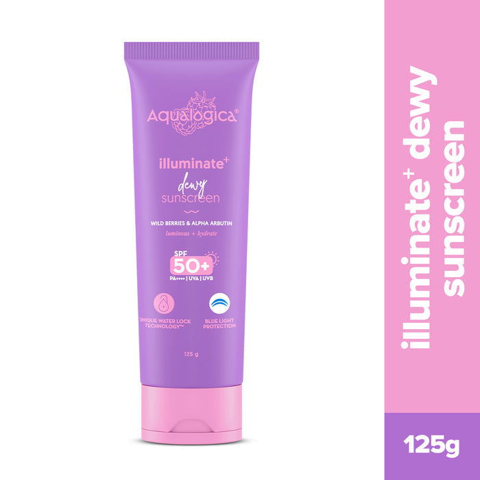 Aqualogica illuminate dewy sunscreen tube front back 125g