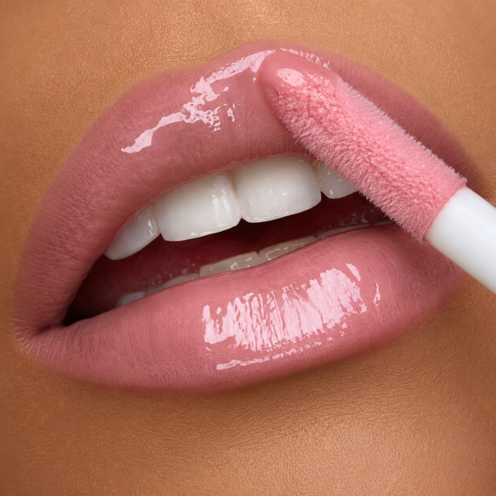 Close-up lip image of a woman wearing Runway Rogue Loaded Lip Oil in the shade 'Fresh Take', a cool toned sheer blush pink with a glossy shine