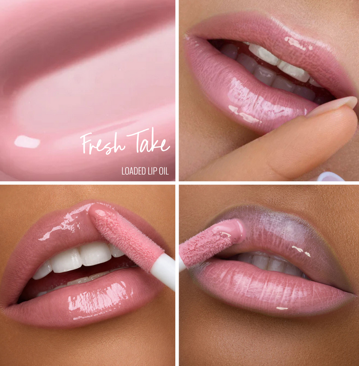Collage of lip Oil application on lips  with 3 different skin tones in the shade name 'Fresh Take' by Runway Rogue
