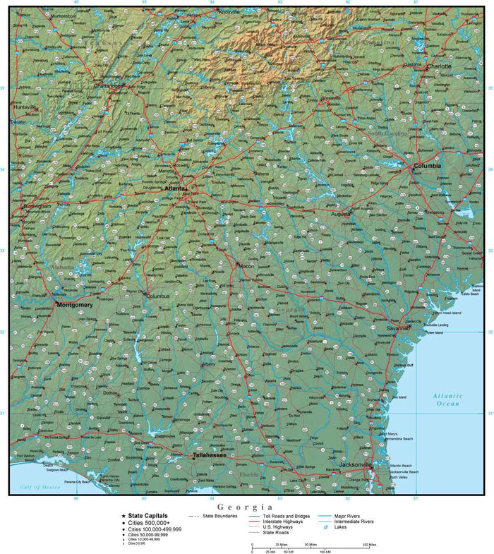 Digital Georgia Terrain map in Adobe Illustrator vector format with Terrain GA-USA-942213