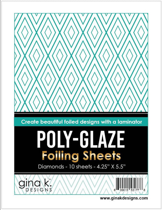 Gina K. Designs - Poly-Glaze Foiling Sheets - Diamonds. 10 sheets – 4 1/4” X 5 1/2”  The new Poly-Glaze Foiling Sheets are a fun way to add foil to your paper crafting projects! These sheets are printed with a Poly-Glaze coating that allows you to use Deco-foil without getting black spots or dropouts. Ontario Canada.