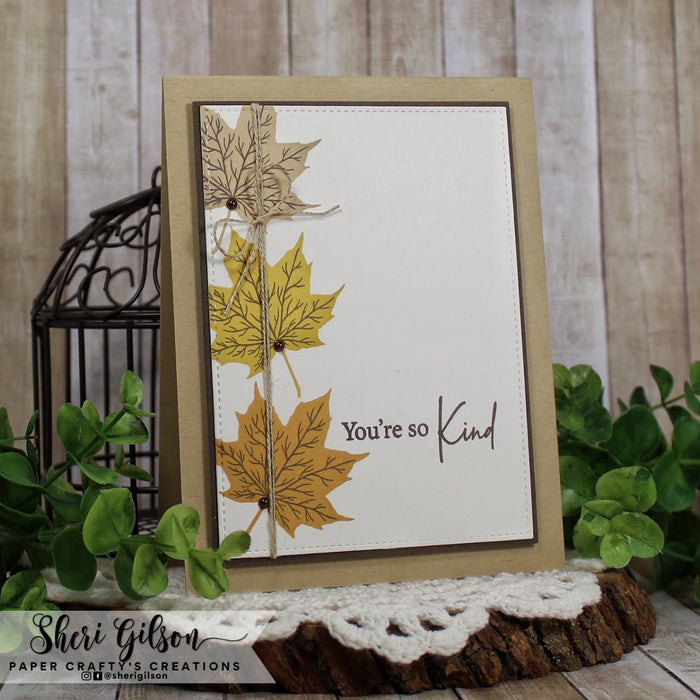 Gina K. Designs - Stamps - Layered Leaves. Layered Leaves is a stamp set by Hannah Drapinski. This set is made of premium clear photopolymer and measures 6" X 8". Made in the USA. Available at Embellish Away located in Bowmanville Ontario Canada. Card design by Shari Gilson.