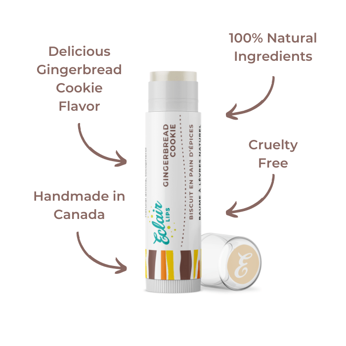Lip balm tube with Gingerbread Cookie label and text callouts.