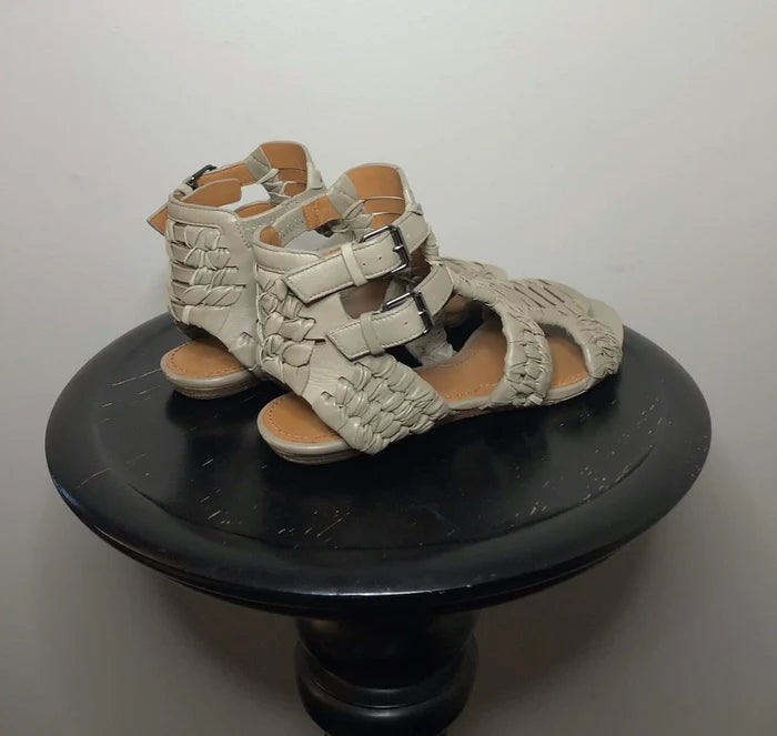 Givenchy taupe leather cage gladiator sandals size 35, stylish open-toe shoes with intricate strap design.