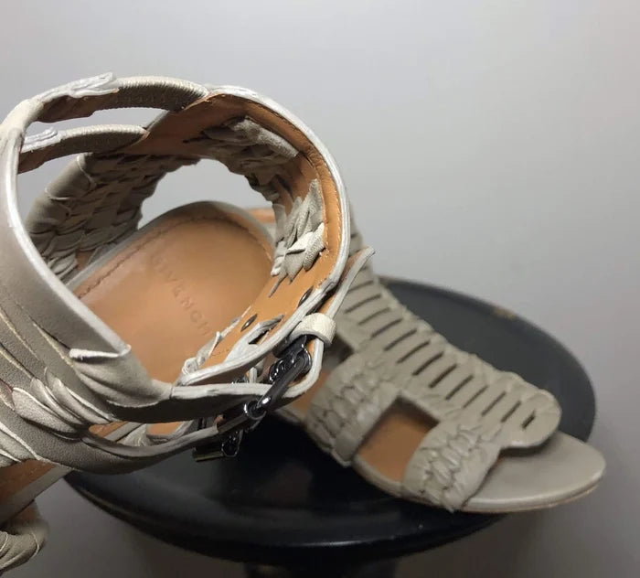 Givenchy taupe leather cage gladiator sandals, size 35, with strappy design and open toe for stylish summer footwear.