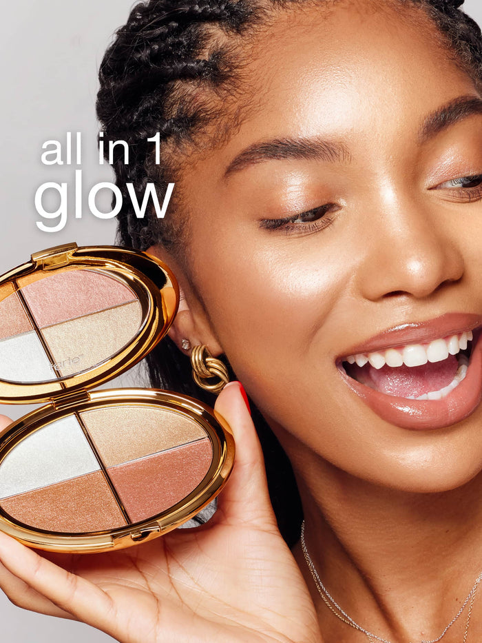Woman holding a makeup compact with 'all in 1 glow' text