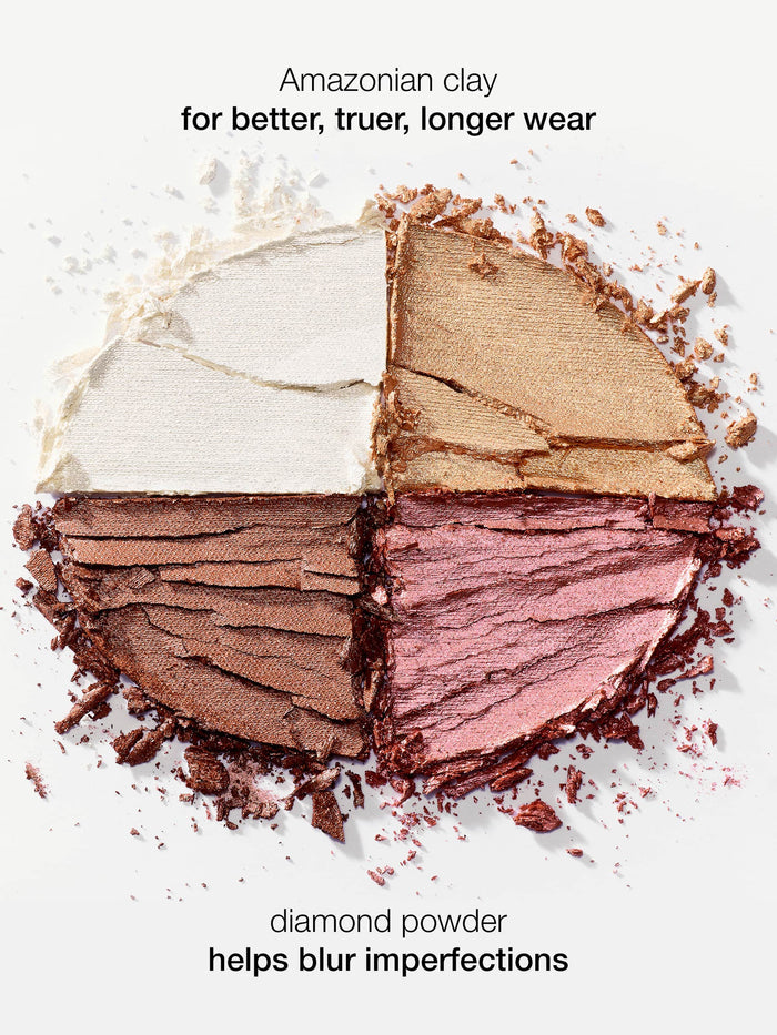 Makeup product with color swatches and text about Amazonian clay and diamond powder on a white background