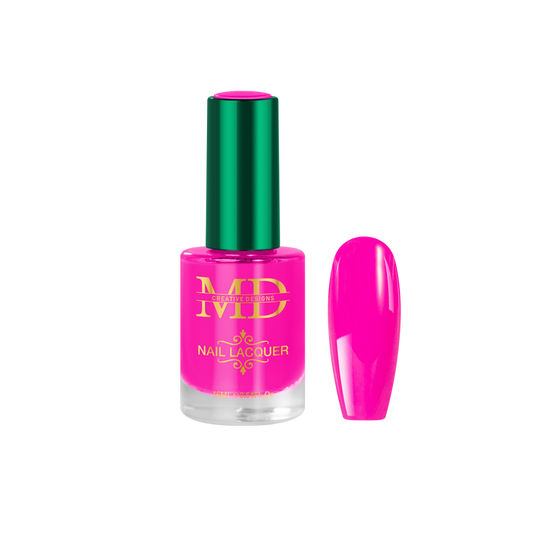 Pink nail polish bottle with green cap and matching pink nail tip color swatch on white background