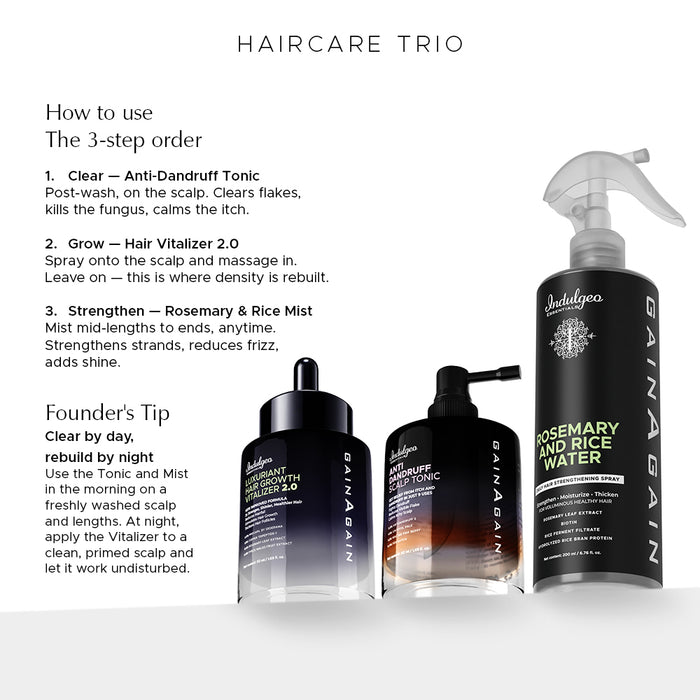 Haircare Combo: Anti-Dandruff Scalp Tonic + Hair Vitalizer 2.0 + Rosemary & Rice Water Mist