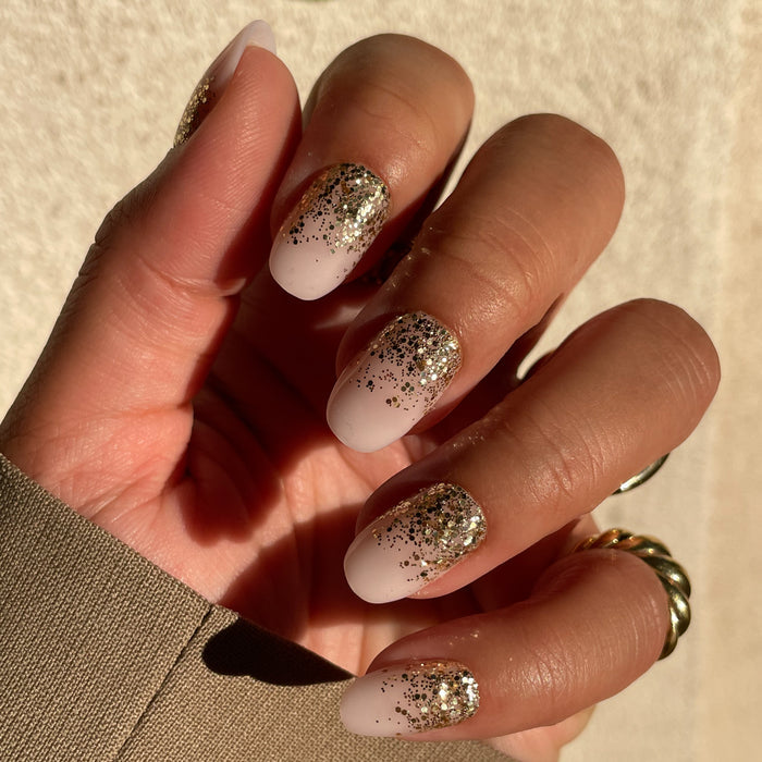 Half Moon Glitter Gradient | Round | Short press-on nails with sparkling gold glitter fade for a polished at-home manicure by Olive and June