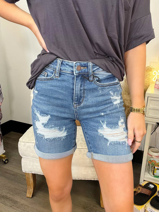 Hi-Waisted Mid-Length Destroyed Shorts