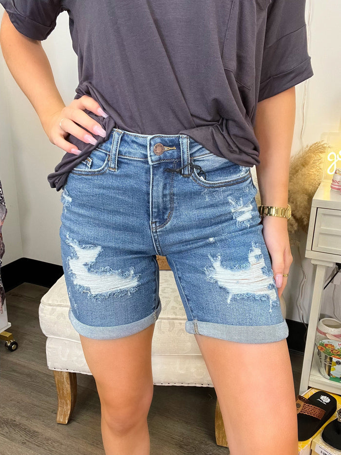 Hi-Waisted Mid-Length Destroyed Shorts