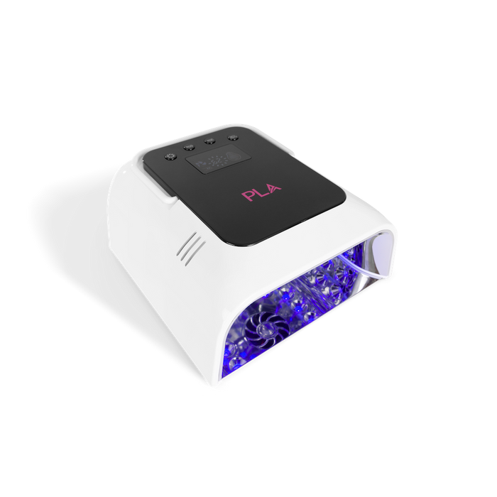 A white UV LED nail lamp with a black control panel featuring pink PLA branding, emitting blue light from the open front compartment, shown on a white background.