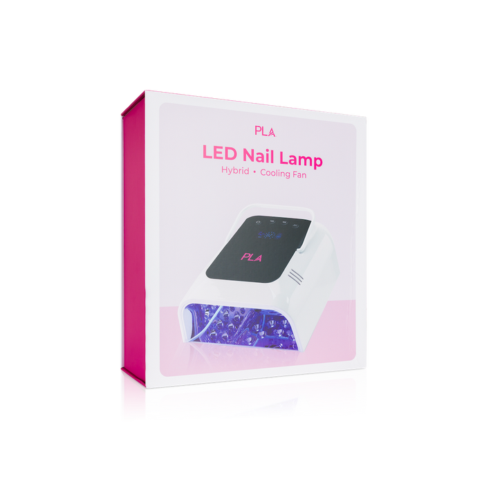 PLA LED Nail Lamp hybrid cooling fan in its retail packaging, featuring a white box with pink accents and an illustration of the lamp on a clean white background.