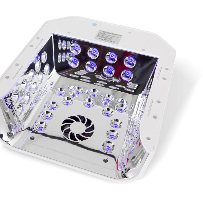 The underside of the PLA Hybrid Nail Lamp: a square white and silver LED light therapy panel with multiple rows of glowing blue-purple LEDs, a central fan grille, and a reflective interior, shown on a white background.