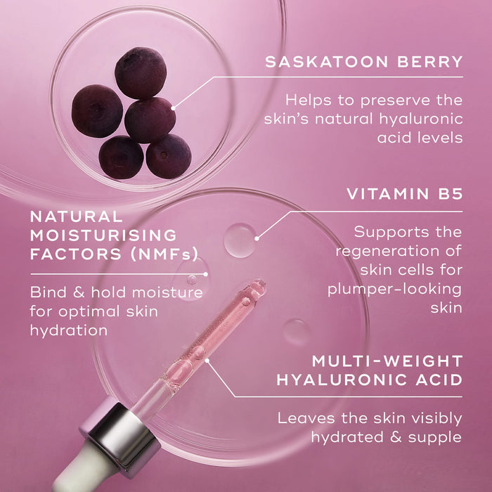 Close-up of key ingredients for Medik8 Hydr8 B5 Intense displayed over a purple background with petri dishes and a dropper. Text identifies Saskatoon Berry to help preserve natural hyaluronic acid levels, Vitamin B5 to support skin cell regeneration, Natural Moisturising Factors (NMFs) to bind and hold moisture, and Multi-Weight Hyaluronic Acid to leave skin visibly hydrated and supple.