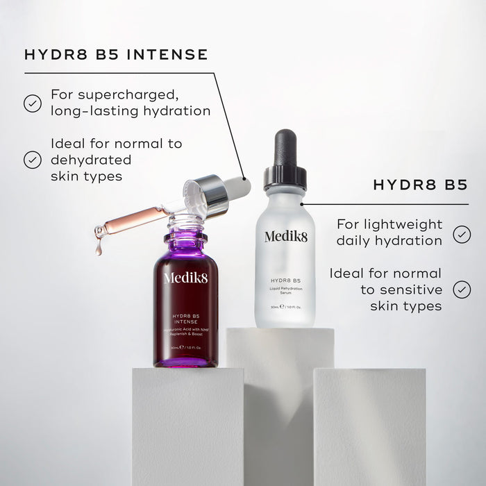 Comparison of Medik8 Hydr8 B5 Intense and Hydr8 B5 dropper bottles on white blocks. Text for Hydr8 B5 Intense notes it provides supercharged, long-lasting hydration for normal to dehydrated skin. Text for Hydr8 B5 describes it as lightweight daily hydration ideal for normal to sensitive skin types.
