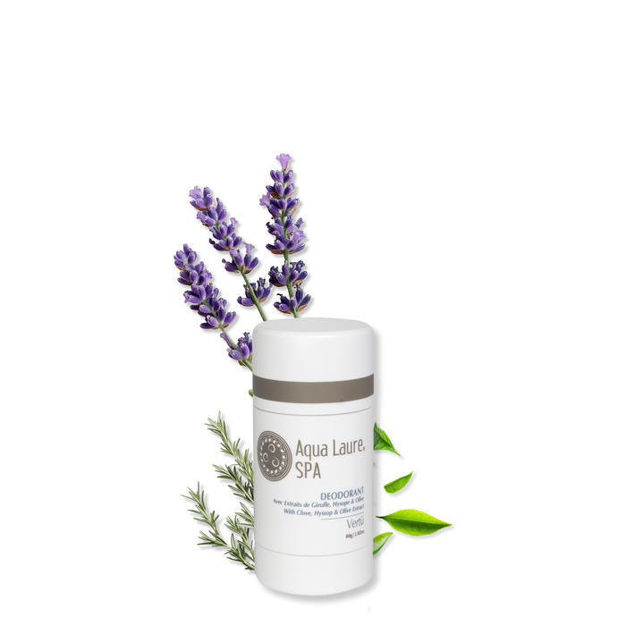 Aqua Laure SPA natural deodorant stick with lavender, rosemary, and green tea leaves, featuring clove, hyssop & olive extract for gentle skincare.