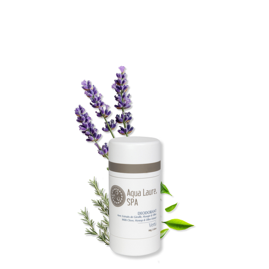 Aqua Laure SPA natural deodorant stick with lavender, rosemary, and green tea leaves, featuring clove, hyssop & olive extract for gentle skincare.