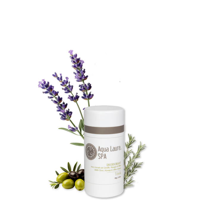 Aqua Laure SPA deodorant stick with clove, hyssop & olive extract, surrounded by lavender, rosemary, and olives for natural skincare