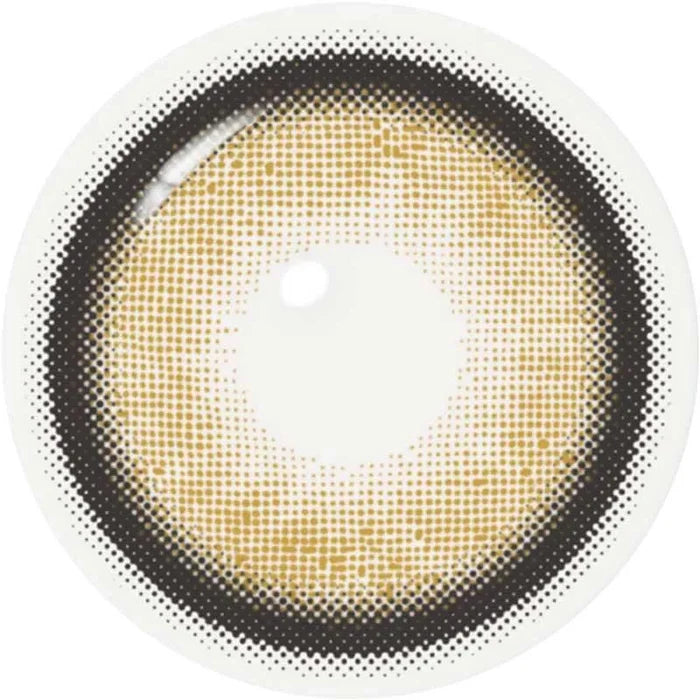 The i-Sha Dekame Love Me Cashewnut Brown contact lens by i-Sha features a gradient dot pattern, clear center, and subtle limbal ring, shown against a white background.