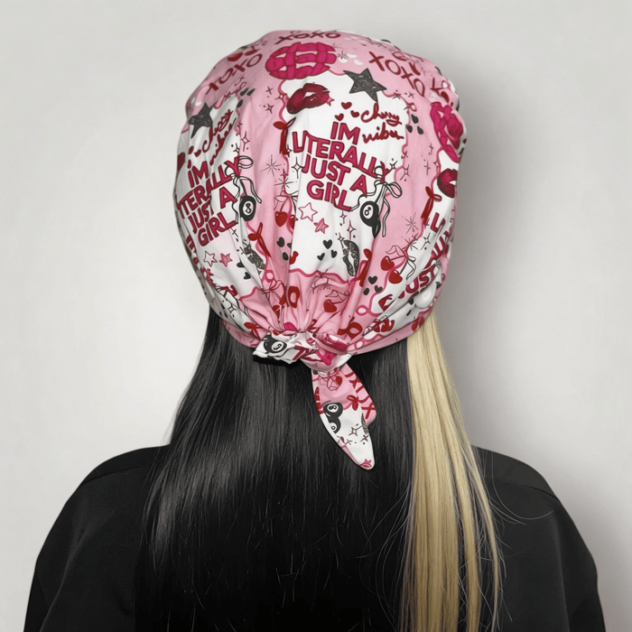 Im Literally Just A Girl Satin - Lined Tie Back Scrub Caps - Nursecaresuites - Online Healthcare BoutiqueScrub CapAdjustable Scrub CapAdjustable Tie Backaesthetic healthcare worker