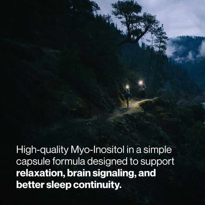 Two runners wearing headlamps on a forest trail at dusk or night. Text reads: “High-quality Myo-Inositol in a simple capsule formula designed to support relaxation, brain signaling, and better sleep continuity.”
