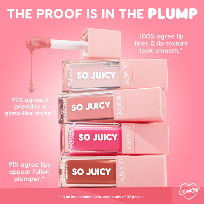 ColourPop So Juicy Plumping Glossy Lip Oil in It’s a Date drips from a doe-foot applicator over stacked pink-capped tubes on a pink backdrop, showcasing glossy shades and claims of glass-like shine, smoother texture, and fuller-looking lips.