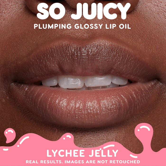 Close-up lips wear Colourpop So Juicy Plumping Glossy Lip Oil in It’s a Date, showing high-shine Lip Gloss & Lip Oil finish and fuller, hydrated look against a pink branded background with product claims for real, unretouched results.