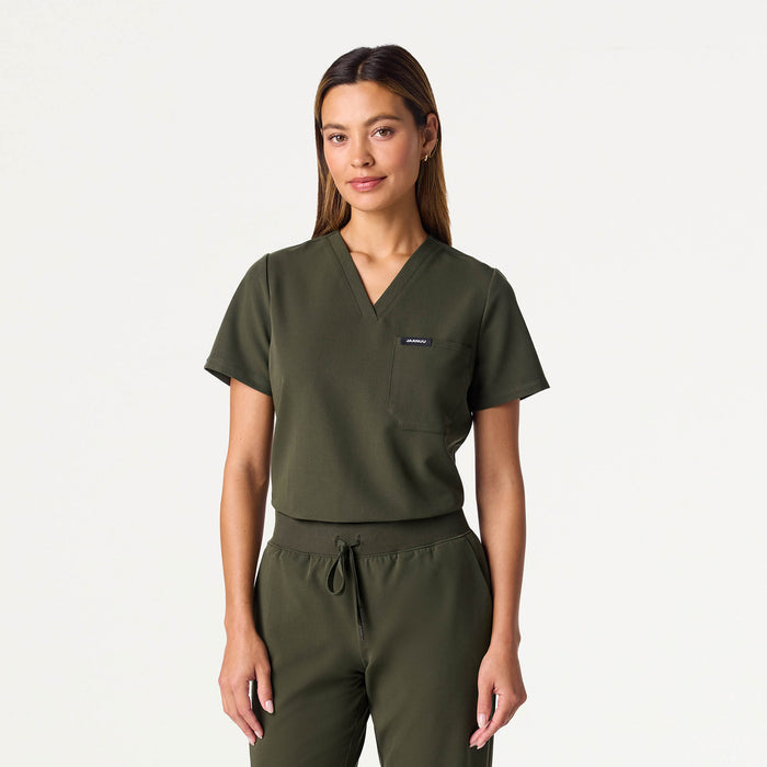 JAANUU Rhena Slim Essential 1 pocket Scrub Top Deep Olive - Get Scrubbed