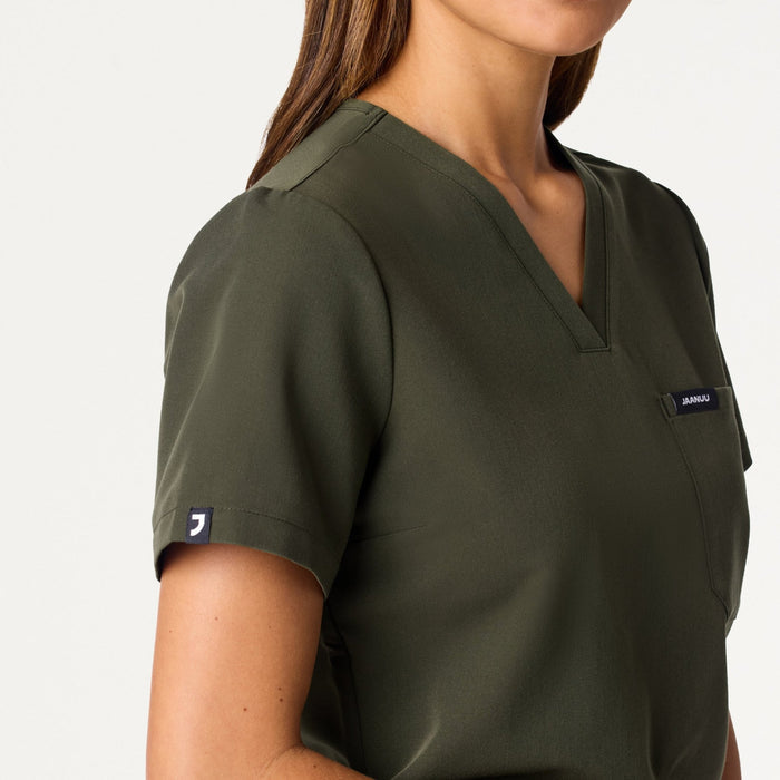 JAANUU Rhena Slim Essential 1 pocket Scrub Top Deep Olive - Get Scrubbed