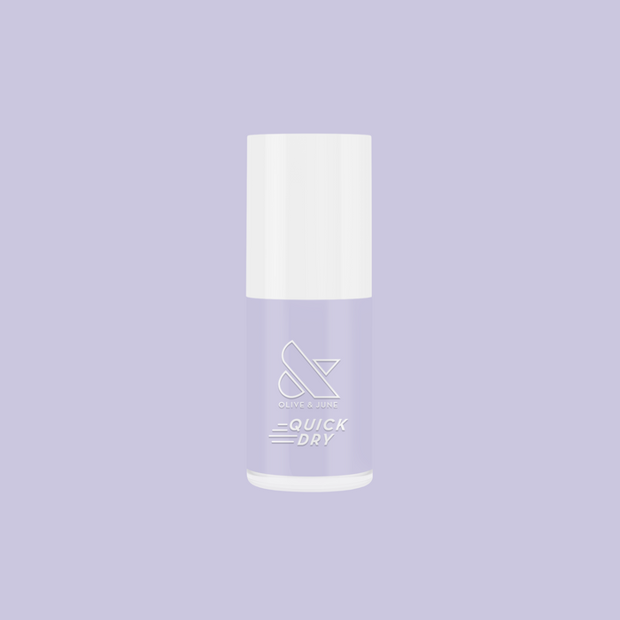 Bottle of Jacaranda quick dry gel polish in pastel lavender shade on soft lavender background